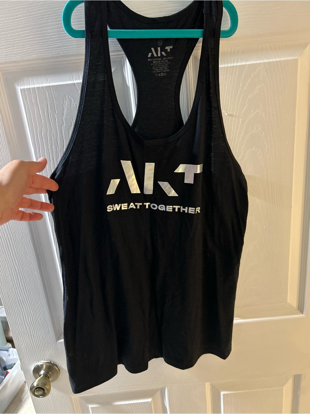 AKT fitness brand tank top with a shiny silver "SWEAT TOGETHER" graphic S XL